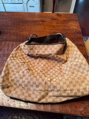 Gucci Beige GG Canvas Shoulder Bag with Brown Accents